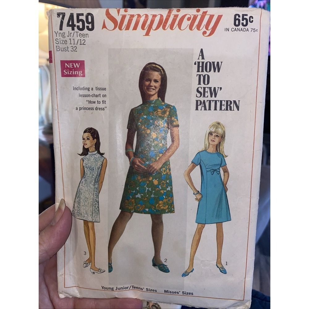 Vtg 60s Simplicity 7459 A-Line Princess Dress Sewing Pattern Size 11/12 Bust 32